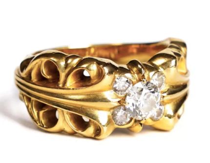 CHROME HEARTS 22K GOLD DOUBLE FLORAL RING WITH 5 DIAMONDS
