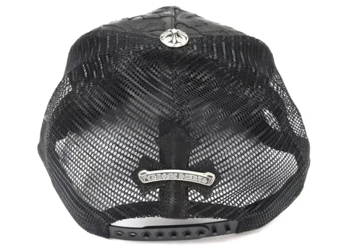 Chrome Hearts Cemetary Cross Leather Stitched Trucker Hat Black