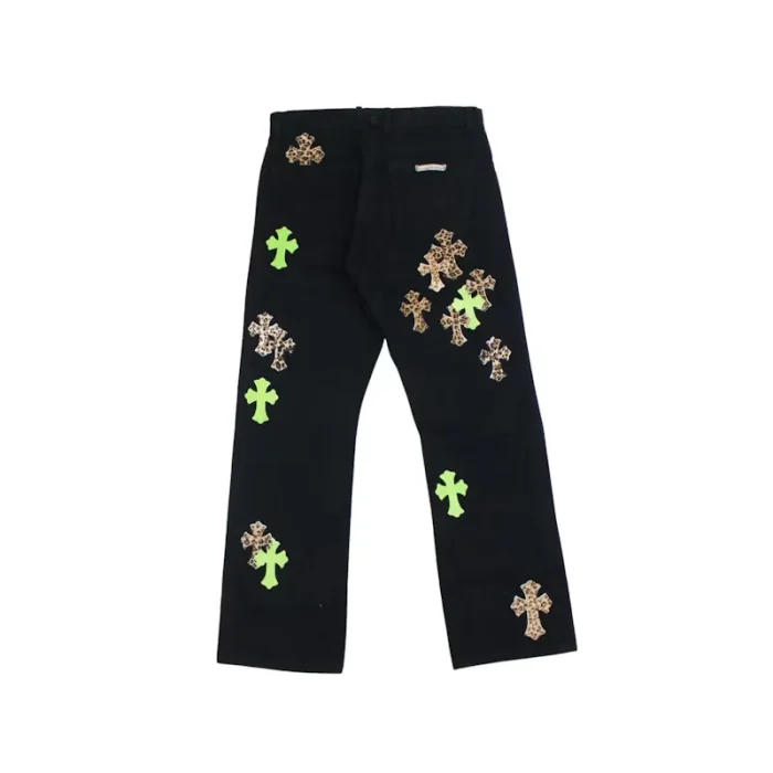 Chrome Hearts Green & Leopard Cross Patch Jeans Black