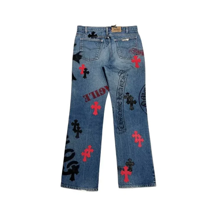 Chrome Hearts Black&Red Cross Patches Spraypainted Jeans