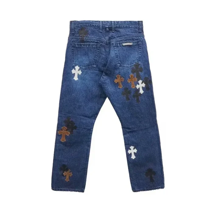 Chrome Hearts Black & White & Brown Patch Flame Knee Jeans
