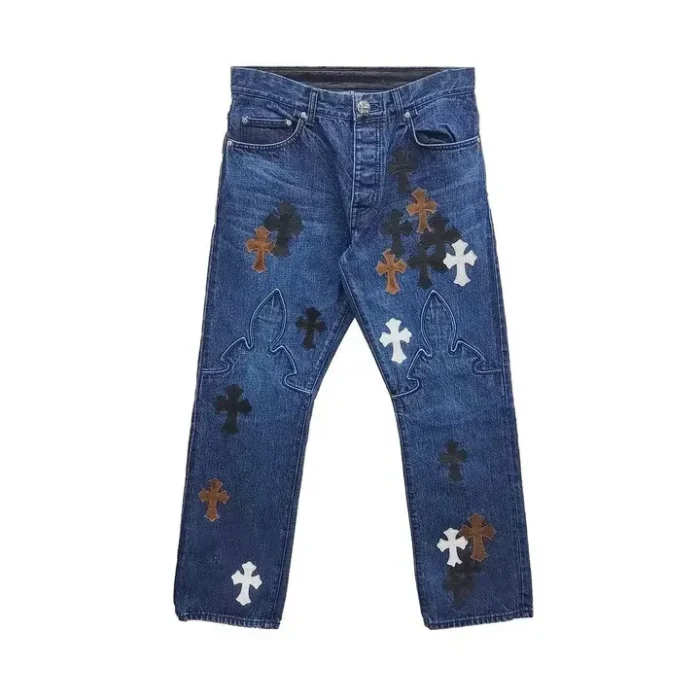 Chrome Hearts Black & White & Brown Patch Flame Knee Jeans