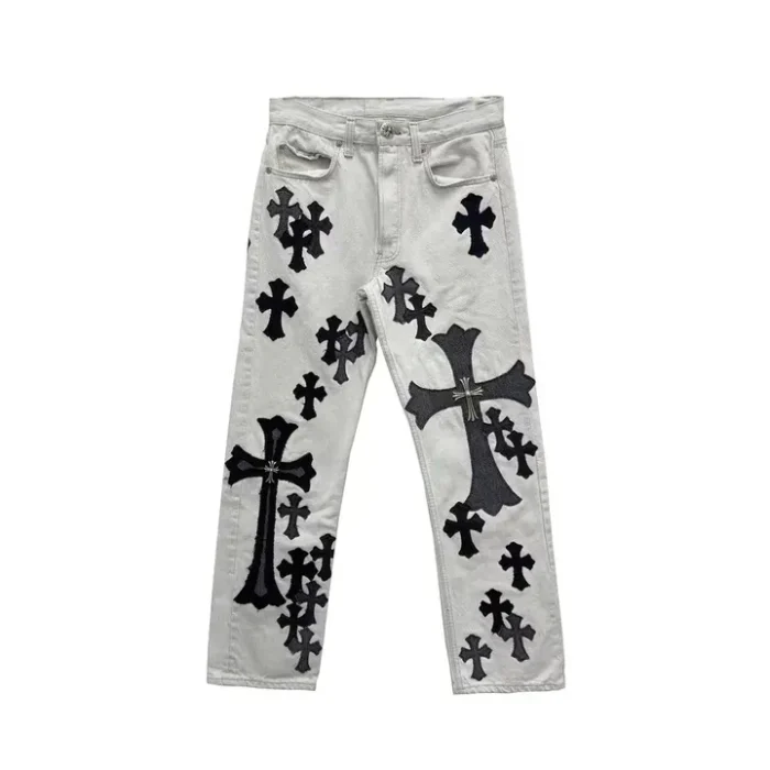 Chrome Hearts Silver Cross Patches Light Gray Jeans